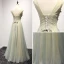 Chic / Beautiful Sage Green Champagne Evening Dresses  2017 A-Line / Princess V-Neck Sleeveless Beading Crystal Appliques Lace Flower Floor-Length / Long Ruffle Backless Formal Dresses