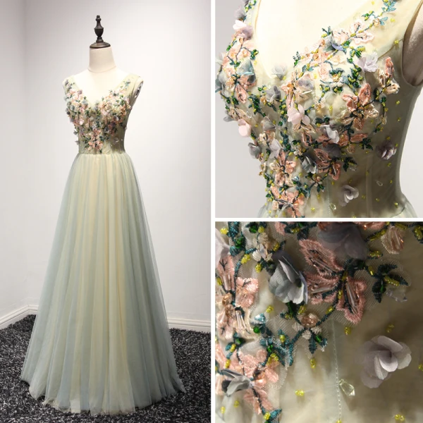 Chic / Beautiful Sage Green Champagne Evening Dresses  2017 A-Line / Princess V-Neck Sleeveless Beading Crystal Appliques Lace Flower Floor-Length / Long Ruffle Backless Formal Dresses