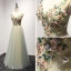 Chic / Beautiful Sage Green Champagne Evening Dresses  2017 A-Line / Princess V-Neck Sleeveless Beading Crystal Appliques Lace Flower Floor-Length / Long Ruffle Backless Formal Dresses