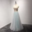 Chic / Beautiful Grey Sky Blue Evening Dresses  2017 A-Line / Princess V-Neck Sleeveless Beading Crystal Appliques Lace Flower Floor-Length / Long Ruffle Backless Formal Dresses