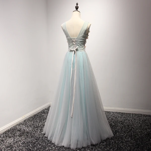 Chic / Beautiful Grey Sky Blue Evening Dresses 2017 A-Line / Princess V-Neck Sleeveless Beading Crystal Appliques Lace Flower Floor-Length / Long Ruffle Backless Formal Dresses