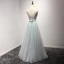 Chic / Beautiful Grey Sky Blue Evening Dresses  2017 A-Line / Princess V-Neck Sleeveless Beading Crystal Appliques Lace Flower Floor-Length / Long Ruffle Backless Formal Dresses