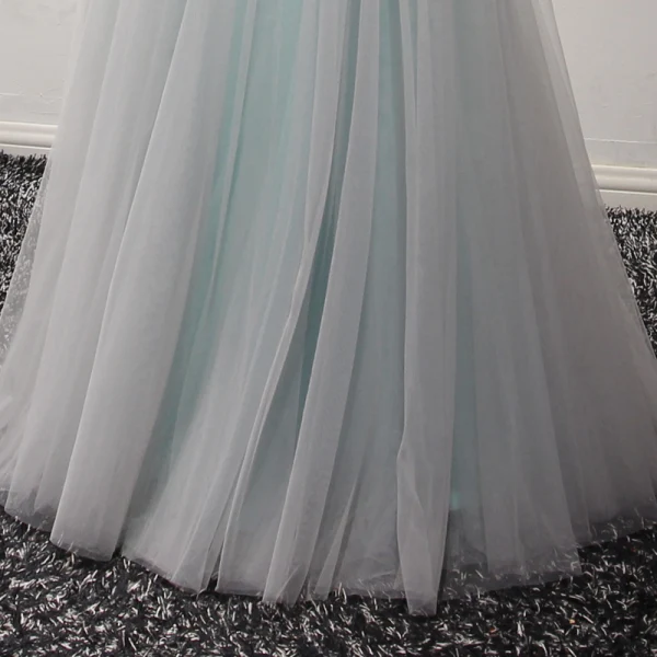 Chic / Beautiful Grey Sky Blue Evening Dresses 2017 A-Line / Princess V-Neck Sleeveless Beading Crystal Appliques Lace Flower Floor-Length / Long Ruffle Backless Formal Dresses