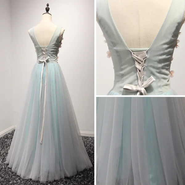 Chic / Beautiful Grey Sky Blue Evening Dresses 2017 A-Line / Princess V-Neck Sleeveless Beading Crystal Appliques Lace Flower Floor-Length / Long Ruffle Backless Formal Dresses