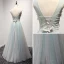Chic / Beautiful Grey Sky Blue Evening Dresses  2017 A-Line / Princess V-Neck Sleeveless Beading Crystal Appliques Lace Flower Floor-Length / Long Ruffle Backless Formal Dresses