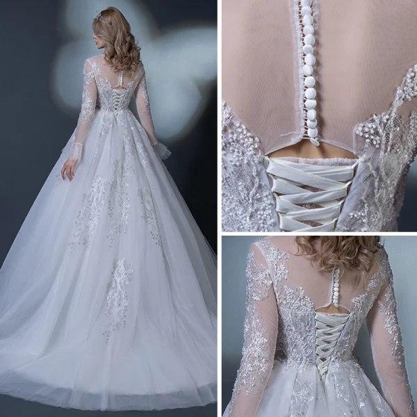 Abordable Blanche Robe De Mariée 2018 Robe Boule Encolure Dégagée Manches Longues Dos Nu Appliques Percé En Dentelle Perlage Volants Chapel Train