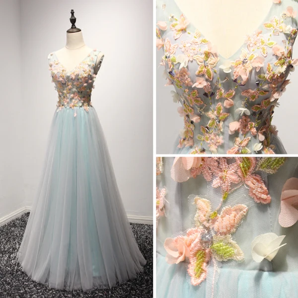 Chic / Beautiful Grey Sky Blue Evening Dresses 2017 A-Line / Princess V-Neck Sleeveless Beading Crystal Appliques Lace Flower Floor-Length / Long Ruffle Backless Formal Dresses