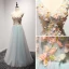 Chic / Beautiful Grey Sky Blue Evening Dresses  2017 A-Line / Princess V-Neck Sleeveless Beading Crystal Appliques Lace Flower Floor-Length / Long Ruffle Backless Formal Dresses