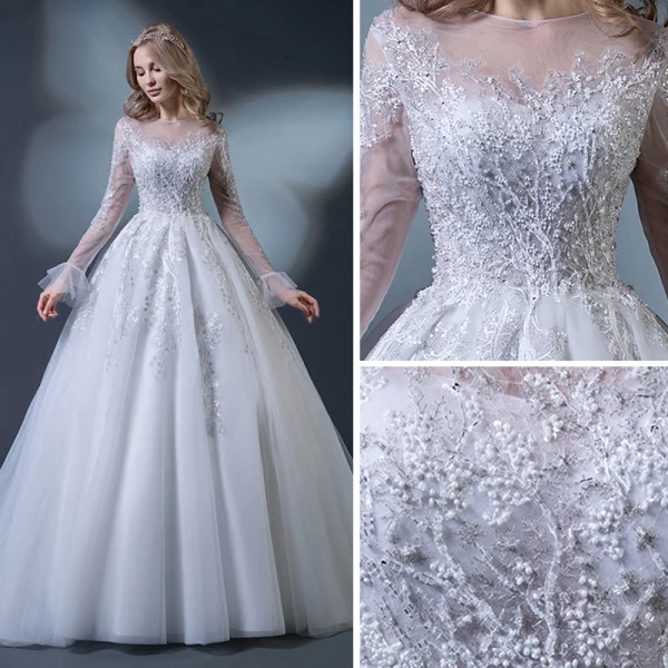 Abordable Blanche Robe De Mariée 2018 Robe Boule Encolure Dégagée Manches Longues Dos Nu Appliques Percé En Dentelle Perlage Volants Chapel Train