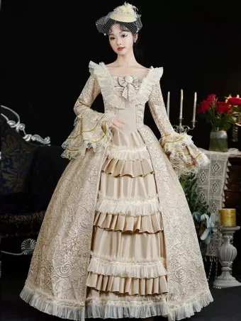 Vintage Retro Medieval Champagne Prom Dresses 2024 3 D Lace Printing Floor Length Long U Neck Long Sleeve Ball Gown Cosplay Prom Formal Dresses