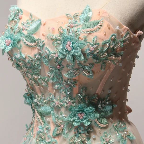 Fine Perle Rosa Blå Selskapskjoler 2017 Prinsesse Kjæreste Uten Ermer Paljetter Appliques Blomst Beading Krystall Lange Buste Ryggløse Formelle Kjoler