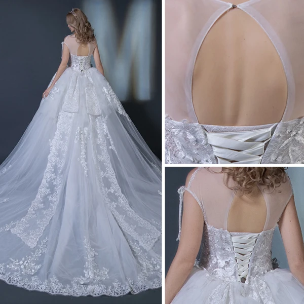 Élégant Blanche Transparentes Robe De Mariée 2018 Robe Boule Encolure Dégagée Dos Nu Appliques En Dentelle Perlage Volants Chapel Train