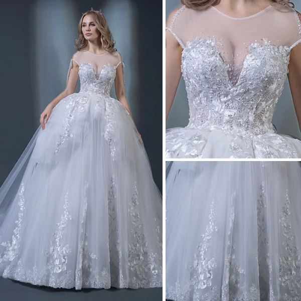 Élégant Blanche Transparentes Robe De Mariée 2018 Robe Boule Encolure Dégagée Dos Nu Appliques En Dentelle Perlage Volants Chapel Train