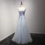 Chic / Beautiful Sky Blue Evening Dresses  2017 A-Line / Princess V-Neck Sleeveless Appliques Lace Flower Beading Crystal Floor-Length / Long Pleated Backless Formal Dresses
