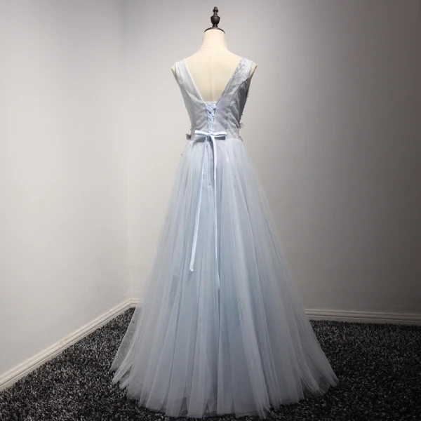 Chic / Beautiful Sky Blue Evening Dresses 2017 A-Line / Princess V-Neck Sleeveless Appliques Lace Flower Beading Crystal Floor-Length / Long Pleated Backless Formal Dresses