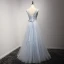 Chic / Beautiful Sky Blue Evening Dresses  2017 A-Line / Princess V-Neck Sleeveless Appliques Lace Flower Beading Crystal Floor-Length / Long Pleated Backless Formal Dresses