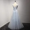 Chic / Beautiful Sky Blue Evening Dresses  2017 A-Line / Princess V-Neck Sleeveless Appliques Lace Flower Beading Crystal Floor-Length / Long Pleated Backless Formal Dresses