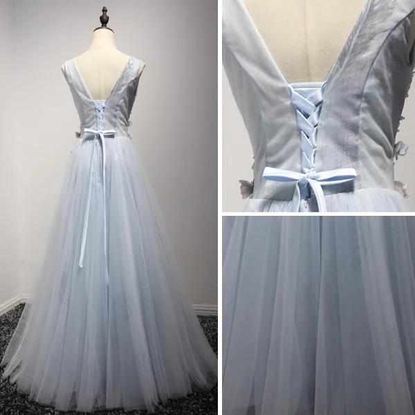 Chic / Beautiful Sky Blue Evening Dresses 2017 A-Line / Princess V-Neck Sleeveless Appliques Lace Flower Beading Crystal Floor-Length / Long Pleated Backless Formal Dresses