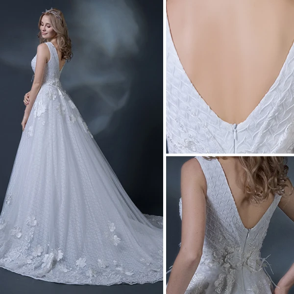 Chic / Belle Blanche Robe De Mariée 2018 Princesse V-Cou Sans Manches Dos Nu Perlage Appliques En Dentelle Plumes Volants Chapel Train