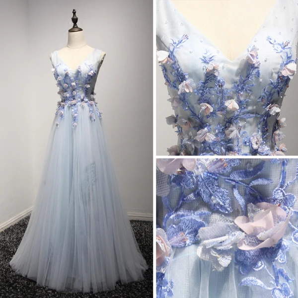 Chic / Beautiful Sky Blue Evening Dresses 2017 A-Line / Princess V-Neck Sleeveless Appliques Lace Flower Beading Crystal Floor-Length / Long Pleated Backless Formal Dresses