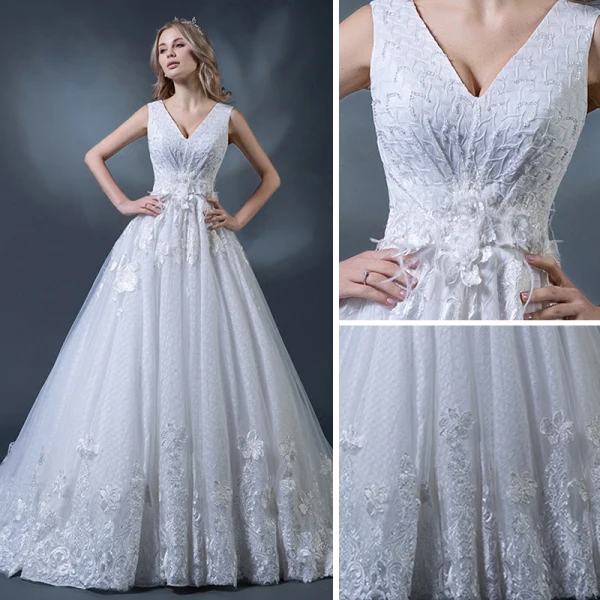 Chic / Belle Blanche Robe De Mariée 2018 Princesse V-Cou Sans Manches Dos Nu Perlage Appliques En Dentelle Plumes Volants Chapel Train