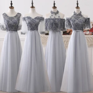 Chic Beautiful Grey Bridesmaid Dresses 2018 A Line Princess Appliques Flower Bow Sash Floor Length Long Ruffle Backless Wedding Party Dresses