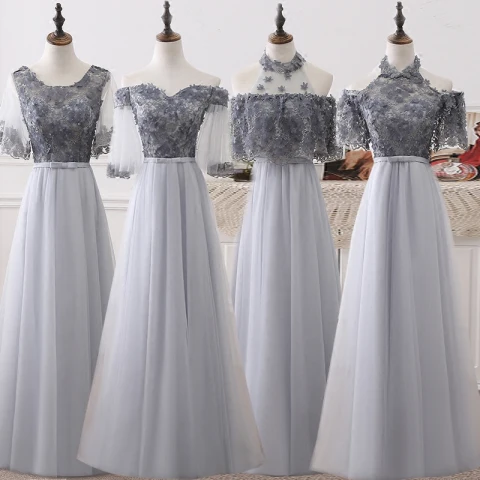 Hermoso Gris Vestidos De Damas De Honor 2018 A-Line / Princess Apliques Flor Bowknot Cinturón Largos Ruffle Sin Espalda Vestidos para bodas