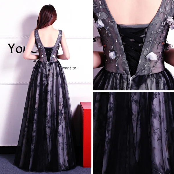 Chic / Beautiful Black Prom Dresses 2018 A-Line / Princess V-Neck Sleeveless Appliques Flower Beading Floor-Length / Long Ruffle Backless Formal Dresses