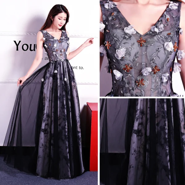 Chic / Beautiful Black Prom Dresses 2018 A-Line / Princess V-Neck Sleeveless Appliques Flower Beading Floor-Length / Long Ruffle Backless Formal Dresses