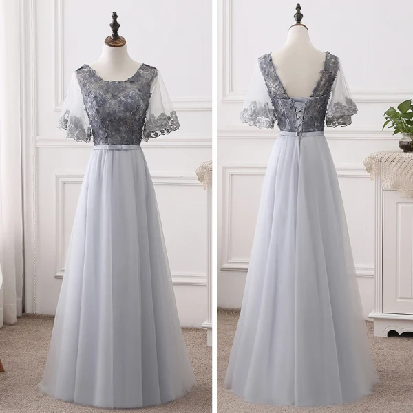 Snygga / Fina Grå Tärnklänningar 2018 Prinsessa Appliqués Blomma Rosett Skärp Långa Ruffle Halterneck Klänning Till Bröllop