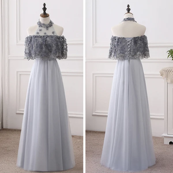 Snygga / Fina Grå Tärnklänningar 2018 Prinsessa Appliqués Blomma Rosett Skärp Långa Ruffle Halterneck Klänning Till Bröllop
