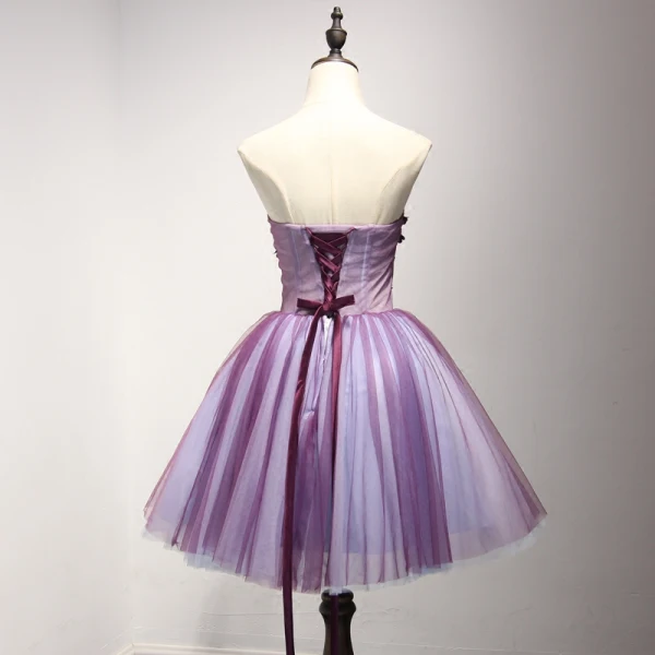 Chic / Beautiful Grape Cocktail Dresses 2017 Ball Gown Strapless Sleeveless Appliques Flower Beading Crystal Short Ruffle Backless Formal Dresses