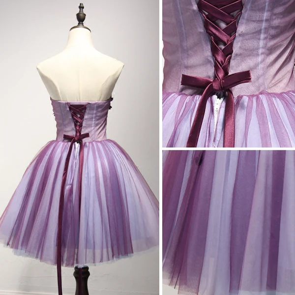 Chic / Beautiful Grape Cocktail Dresses 2017 Ball Gown Strapless Sleeveless Appliques Flower Beading Crystal Short Ruffle Backless Formal Dresses