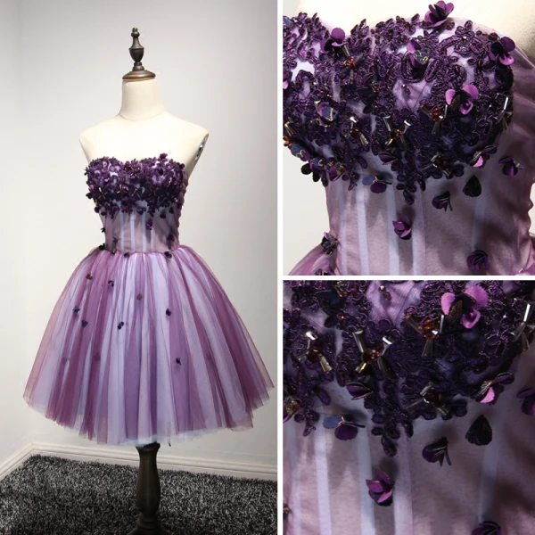 Chic / Beautiful Grape Cocktail Dresses 2017 Ball Gown Strapless Sleeveless Appliques Flower Beading Crystal Short Ruffle Backless Formal Dresses
