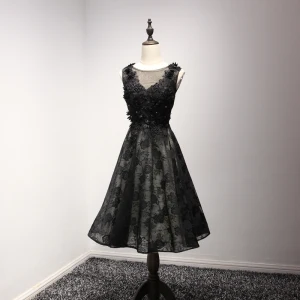 Chic Beautiful Black Homecoming Graduation Dresses 2017 A Line Princess V Neck Sleeveless Appliques Lace Flower Pearl Rhinestone Tea Length Ruffle Pierced Backless Formal Dresses