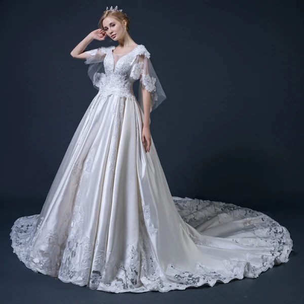 Vintage / Retro Champagne Wedding Dresses With Shawl 2018 Ball Gown V-Neck Backless Appliques Lace Beading Ruffle Cathedral Train