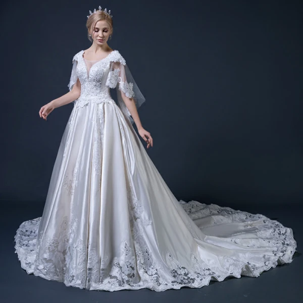 Vintage / Retro Champagne Wedding Dresses With Shawl 2018 Ball Gown V-Neck Backless Appliques Lace Beading Ruffle Cathedral Train