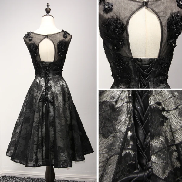 Chic / Beautiful Black Homecoming Graduation Dresses 2017 A-Line / Princess V-Neck Sleeveless Appliques Lace Flower Pearl Rhinestone Tea-length Ruffle Pierced Backless Formal Dresses