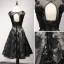 Chic / Beautiful Black Homecoming Graduation Dresses 2017 A-Line / Princess V-Neck Sleeveless Appliques Lace Flower Pearl Rhinestone Tea-length Ruffle Pierced Backless Formal Dresses