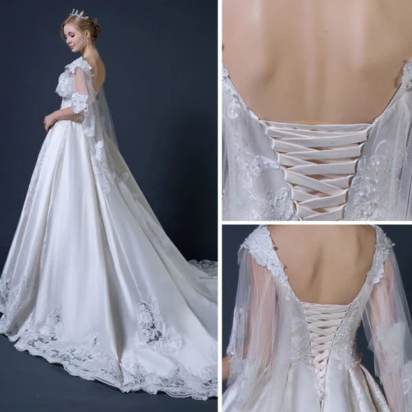 Vintage / Retro Champagne Wedding Dresses With Shawl 2018 Ball Gown V-Neck Backless Appliques Lace Beading Ruffle Cathedral Train