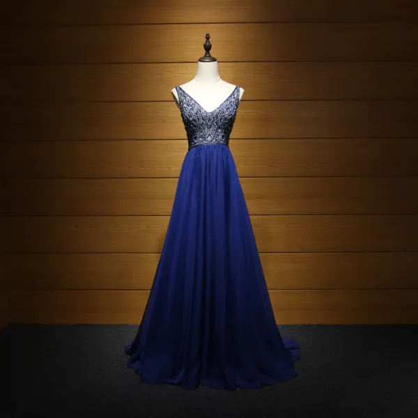 Luxury / Gorgeous Royal Blue Evening Dresses  2017 A-Line / Princess V-Neck Sleeveless Beading Pearl Rhinestone Sweep Train Ruffle Backless Formal Dresses
