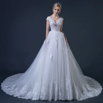 Chic Beautiful White Wedding Dresses 2018 A Line Princess V Neck Cap Sleeves Backless Appliques Lace Glitter Tulle Feather Ruffle Cathedral Train