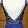 Luxury / Gorgeous Royal Blue Evening Dresses  2017 A-Line / Princess V-Neck Sleeveless Beading Pearl Rhinestone Sweep Train Ruffle Backless Formal Dresses