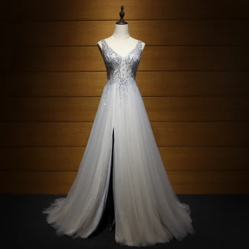 Luksusowe Szary Sukienki Wieczorowe 2017 Princessa V Szyja Bez Rękawów Frezowanie Kryształ Cekiny Perła Rhinestone Podział Przodu Trenem Sweep Plisowane Przebili Bez Pleców Sukienki Wizytowe