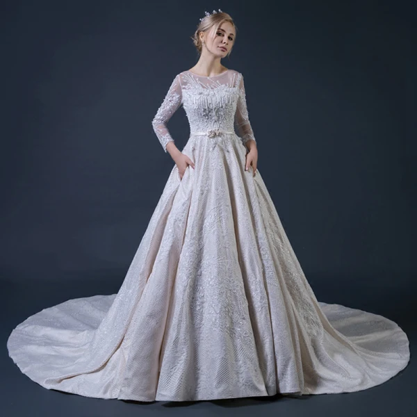 Luxury / Gorgeous Champagne Pierced Wedding Dresses 2018 A-Line / Princess Scoop Neck Long Sleeve Backless Beading Appliques Lace Bow Sash Ruffle Cathedral Train