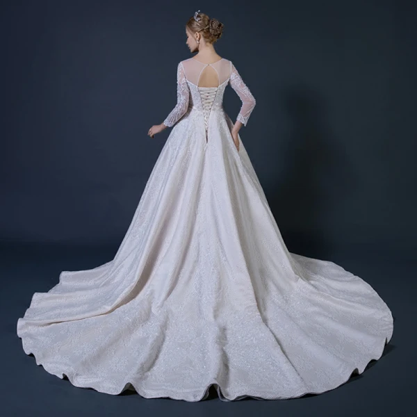 Luxury / Gorgeous Champagne Pierced Wedding Dresses 2018 A-Line / Princess Scoop Neck Long Sleeve Backless Beading Appliques Lace Bow Sash Ruffle Cathedral Train