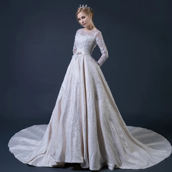 Luxury / Gorgeous Champagne Pierced Wedding Dresses 2018 A-Line / Princess Scoop Neck Long Sleeve Backless Beading Appliques Lace Bow Sash Ruffle Cathedral Train