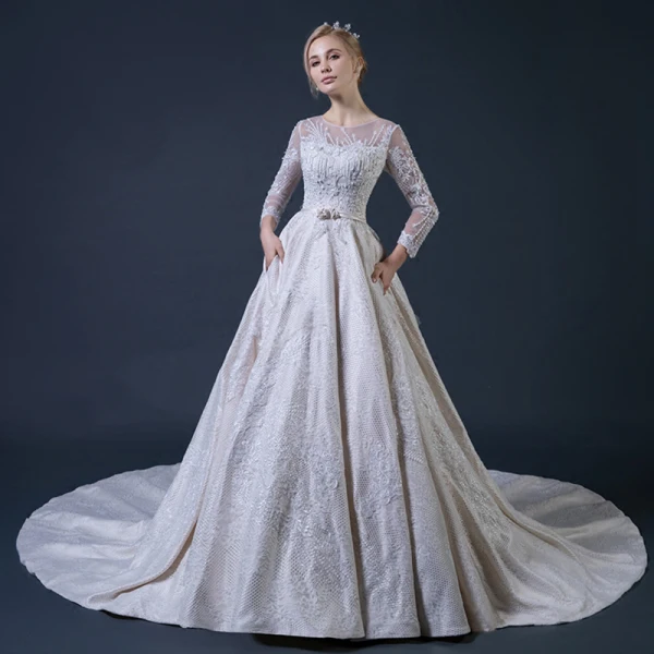Luxury / Gorgeous Champagne Pierced Wedding Dresses 2018 A-Line / Princess Scoop Neck Long Sleeve Backless Beading Appliques Lace Bow Sash Ruffle Cathedral Train
