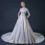 Luxury / Gorgeous Champagne Pierced Wedding Dresses 2018 A-Line / Princess Scoop Neck Long Sleeve Backless Beading Appliques Lace Bow Sash Ruffle Cathedral Train