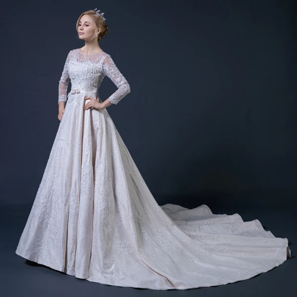 Luxury / Gorgeous Champagne Pierced Wedding Dresses 2018 A-Line / Princess Scoop Neck Long Sleeve Backless Beading Appliques Lace Bow Sash Ruffle Cathedral Train